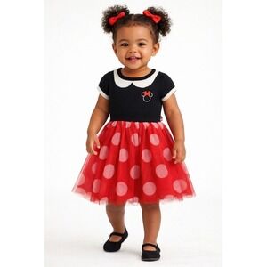 Disney Junior Minnie Mouse Polka Dot Tulle Sweater Dress Red Black 3T